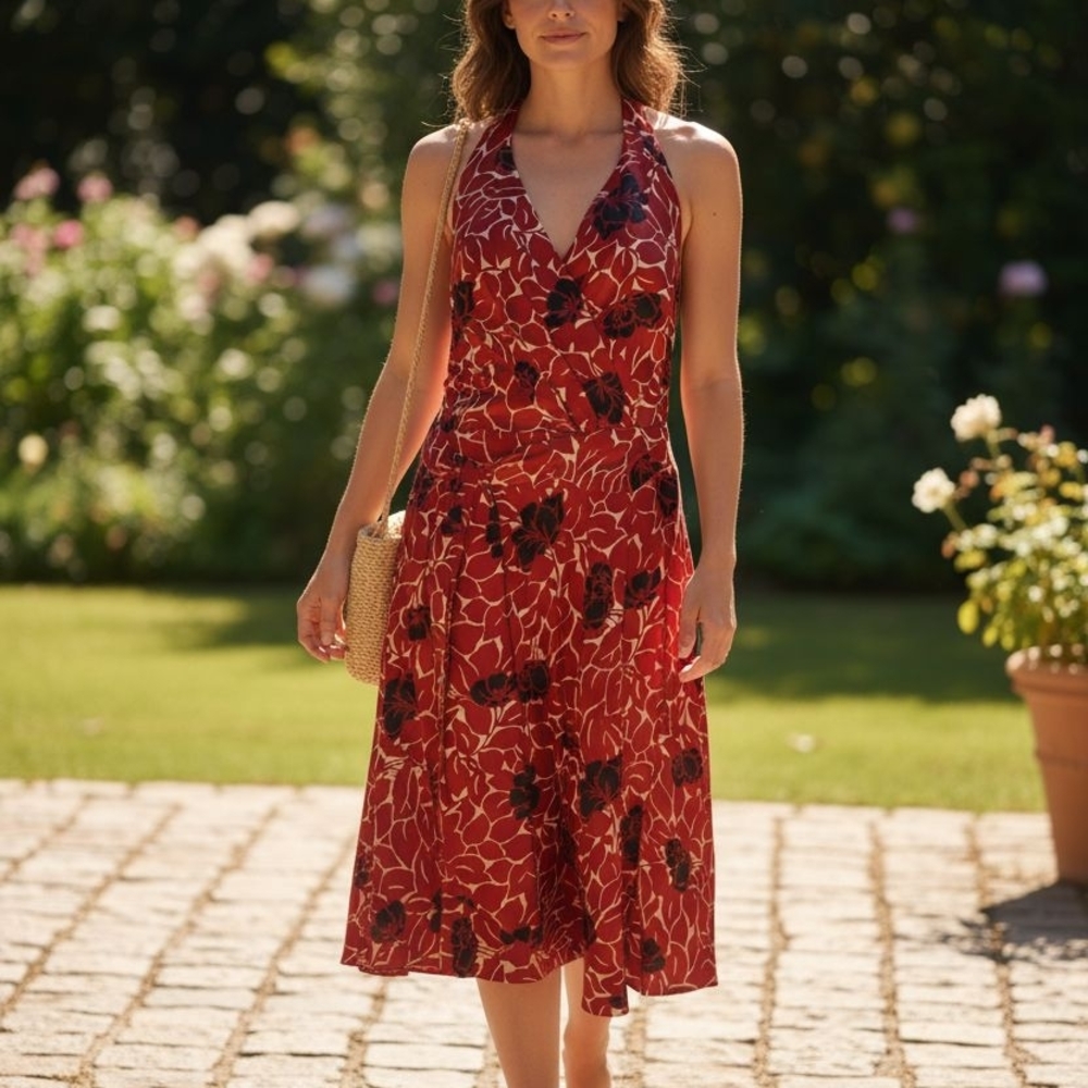Ann Taylor Red and Black Patterned Midi Dress